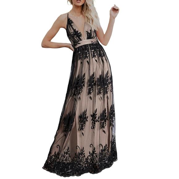 NWT Dokotoo Formal Deep V-Neck Backless Embroidered Sexy Long Dress Black Medium - Picture 6 of 8